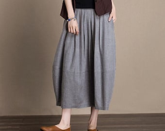 Falda de lino estilo línea A de lino lavado suave para mujer, faldas elásticas con bolsillos profundos, faldas largas de lino, disponible en más de 80 colores