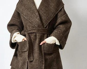 Women Coat ,Loose Wool Women Coat,Wool Coat Jacket With Waist Belt