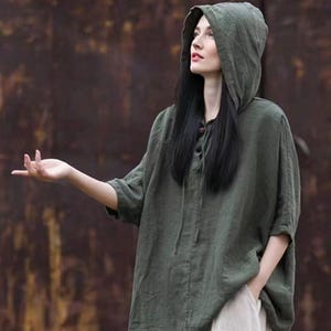 Washed Soft Cotton hooded Linen Tops,Long sleeve Minimalist Summer Tops,Anysize dress,Plus Size maxi dress Women top/9592