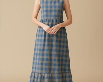 Plaid Summer Dress, Cotton Cozy Dress Plaid Dress Midi Dress, Soft Home-wear Double Face Tunics Custom Plus Size Dress/5593