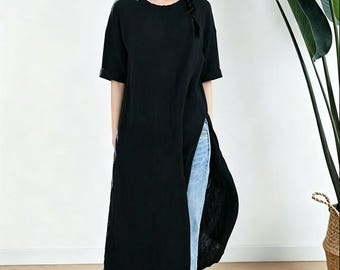 Round Neck Slit Side Washed Soft 100% Linen dress,Anysize Large Hem Dress Summer Dress Women Dresses/95