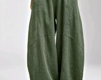 Loose 100%  Linen Lantern Women Pants Wide Legs Pants, Elastic Waist Side Pleat  Plus Size Loose Style Pants
