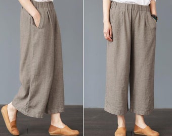 Linen Women Pants Wide Legs Pants Elastic Waist Plus Size Skirts Pants Loose Style Pants