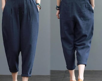 Navy Blue Linen Women Pants Wide Legs Pants Elastic Waist Plus Size Pants Loose Style Pants