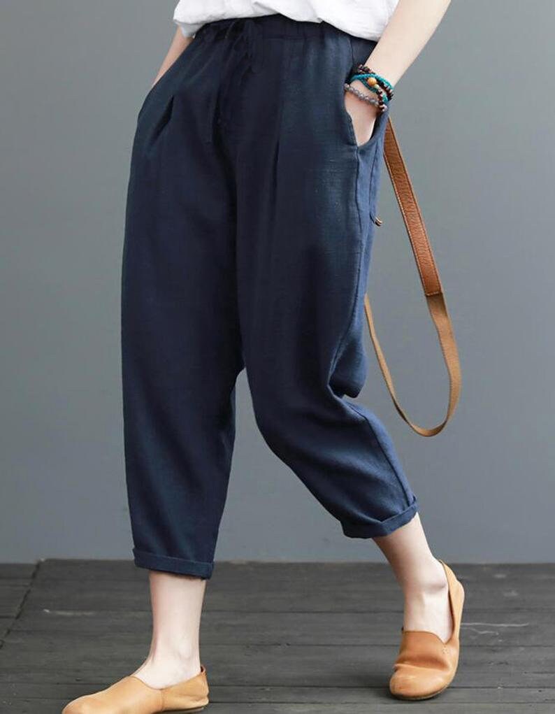 Navy Blue Linen Women Pants Wide Legs Pants Elastic Waist Plus Size Pants  Loose Style Pants -  Canada