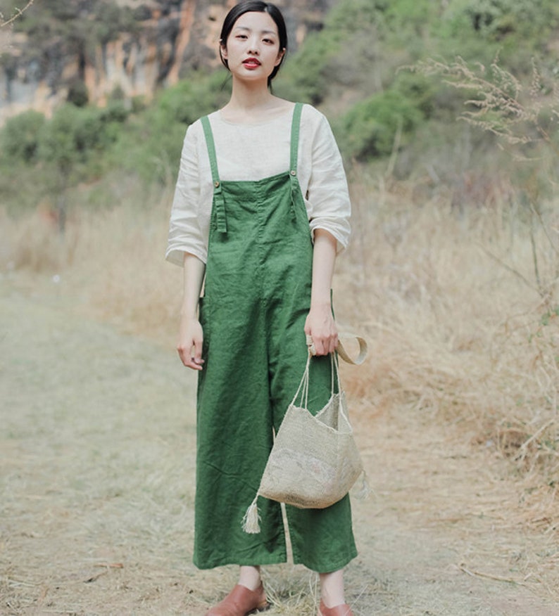 Washed Linen Women Overall Pants Dress Linen Jumpsuits Women WideLeg Pants