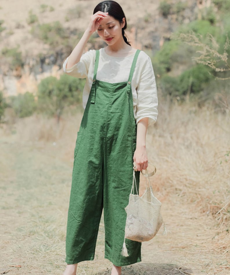 Washed Linen Women Overall Pants Dress Linen Jumpsuits Women WideLeg Pants