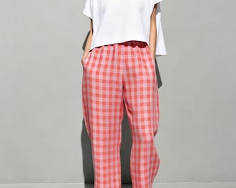 Checked Pre-Washed Linen Pants, Summer Spring Pants Linen Women Pants,Wide Legs Pants Elastic Waist Any Size Loose Style Pants