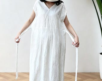 V Neck Washed Soft cotton Linen dress,Anysize dress  summer maxi dress Women Dresses/9539