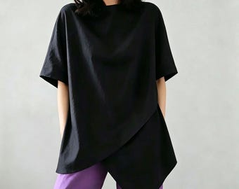 Asymmetrical 100% Linen Tops,Long sleeve Minimalist Summer Tops,Anysize dress,Plus Size maxi dress Women top/9592