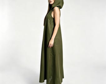Hooded Linen dress, Drop shoulder dress, Women Dresses, Retro dress ,Maxi Women Dresses ,80+ colors available/0959