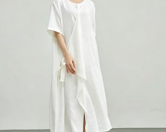 V Neck Washed Soft cotton Linen dress,Anysize dress  summer maxi dress Women Dresses/9589