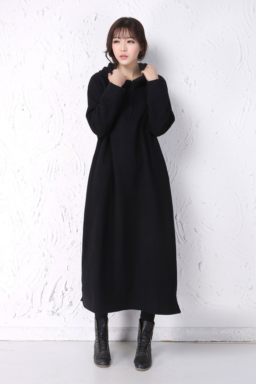 Black Fleece Dress Long Women Dress Thick Thermal Women Warm Winter