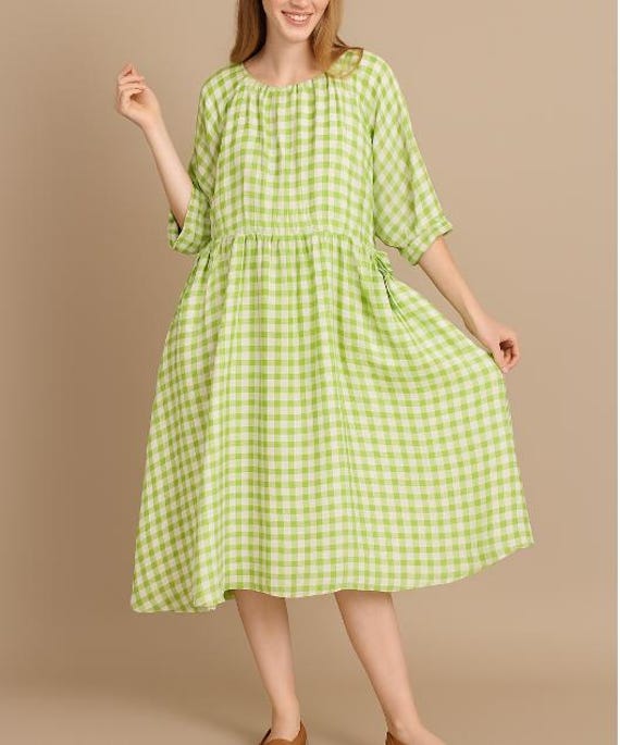 Plaid Linen Cotton Dress,Loose Dress Waistline, Summer Dress Women Dresses/5593