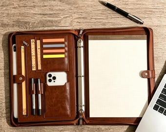 A4 Personalized Dark Brown Pu Leather Portfolio, 3-Ring Binder for Men, Engraved Name Logo Padfolio, Custom Document Folder, Employee Gift