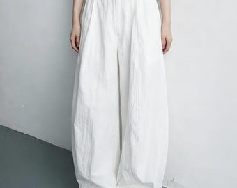 Loose Cotton Linen Women Pants Wide Legs Pants, Baggy Elastic Waist Side Pleat  Plus Size Loose Style Pants