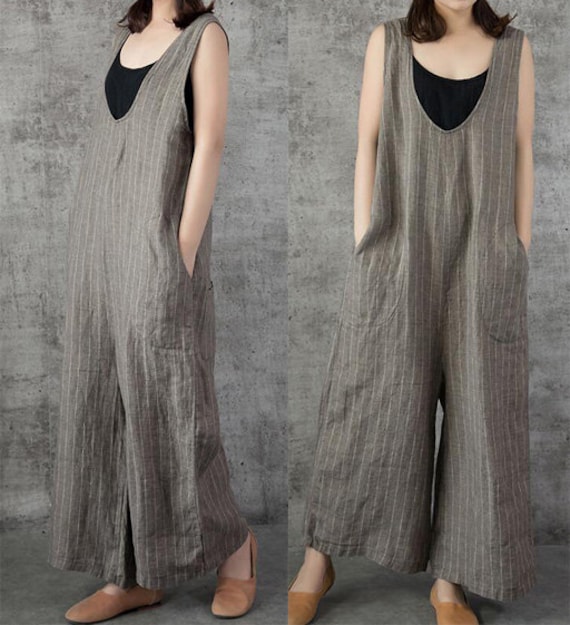 Striped 100% Linen Women Overall Pants Dress Linen Jumpsuits | Etsy