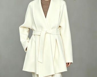 White Warm Women winter coat,Light Wool Jackets,Wool Coat,Winter Coat Waistbelt