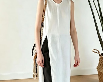 Round Neck Slit Side Washed Soft cotton Linen dress,Anysize Large Hem Dress Summer Dress Women Dresses/95