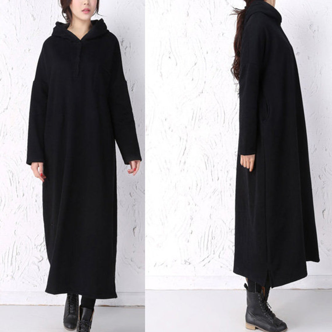 Black Fleece Dress Long Women Dress Thick Thermal Women Warm Winter