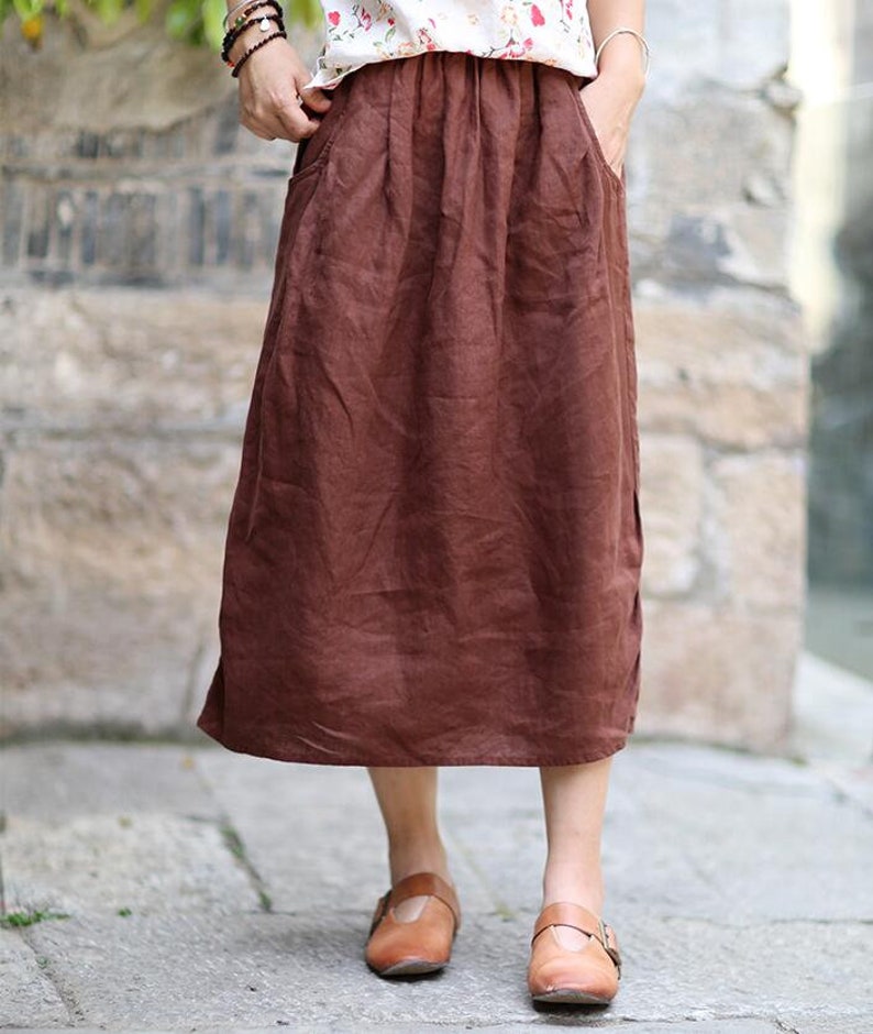 Women Linen Skirt, Washed Linen Skirts, Soft linen Skirts,Deep Side Pockets, 50colors available 2111 image 8