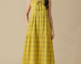 Plaid Summer Dress, Cotton Cozy Dress Plaid Dress Midi Dress, Soft Home-wear Double Face Tunics Custom Plus Size Dress/5593