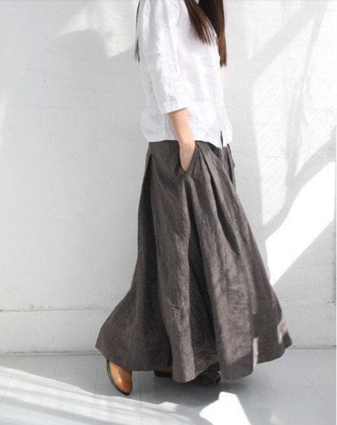 Women Vintage Linen Spliced Loose Raw-edge Skirt AK1010