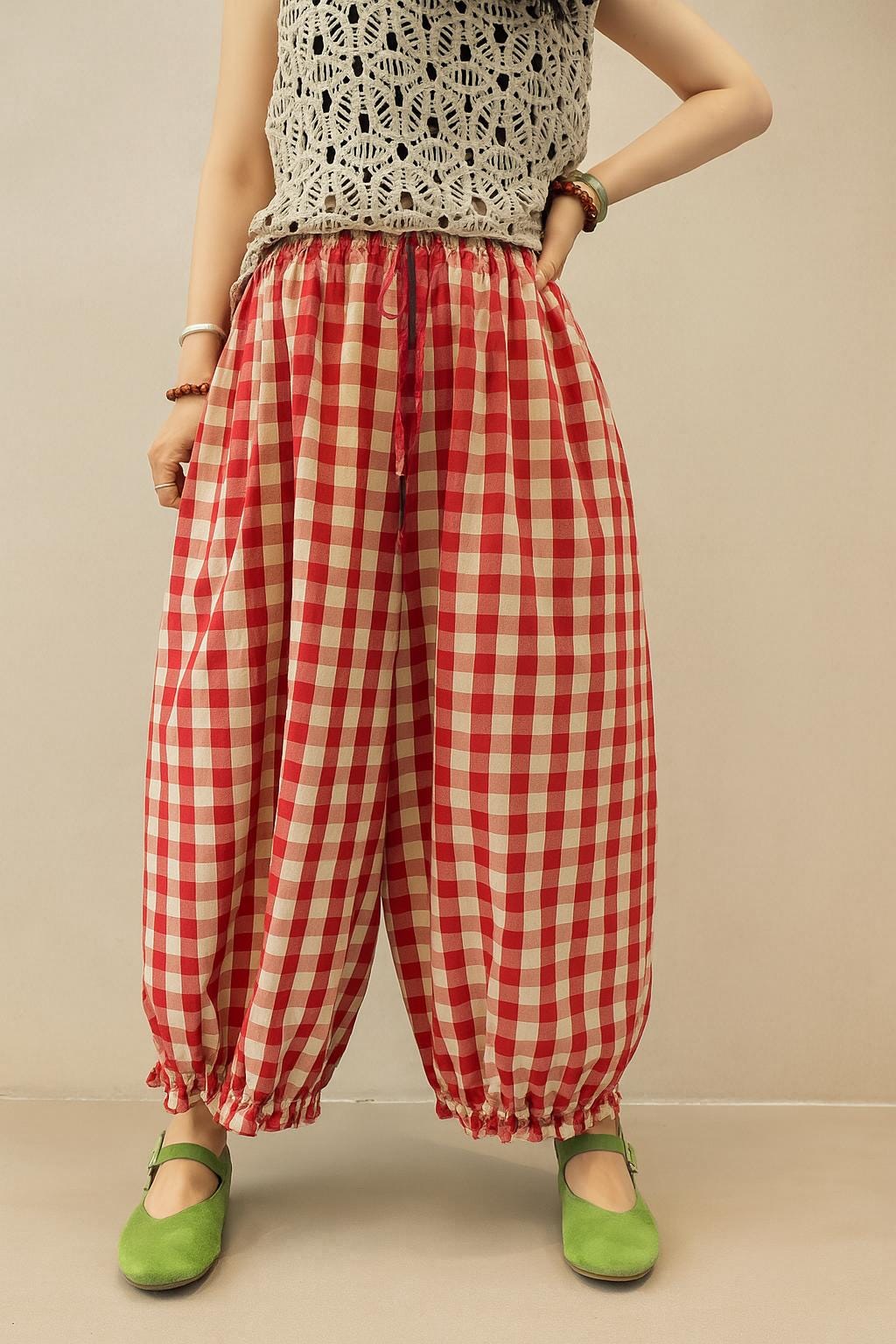 Plaid Lantern Pants 100% Linen Cotton Women Pants,Wide Legs Pants Elastic Waist Any Size Loose Style Pants