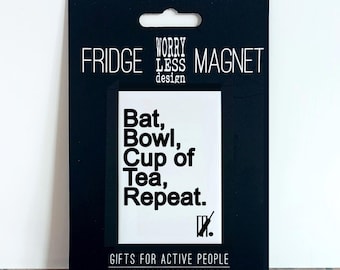 Cricket Fridge Magnet – Bat Bowl Cup of Tea Repeat – Funny Cricket Gift, Cricketer Birthday Present, Cricket Player Gift, Cricket Fan Gift