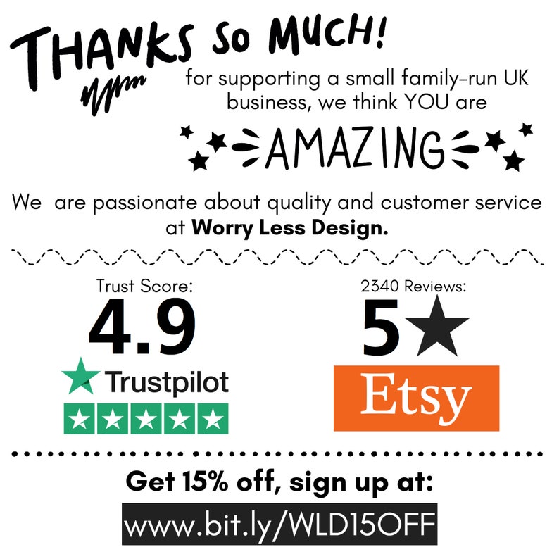 May include: White background with black handwritten text that says "THANKS SO MUCH!" and "AMAZING". Includes a Trustpilot score of 4.9 and an Etsy logo with 5 stars. The text also mentions a small family-run UK business.