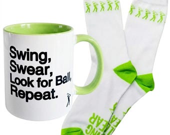 Golf Gift Set – Swing Swear Look for Ball Repeat Mug & Socks – Funny Golf Gift, Golfer Birthday Present, Golf Dad Gift Set, Gift for Golfer