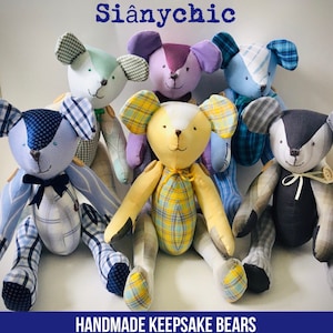 May include: Six handmade keepsake bears crafted from various patterned and solid fabrics, including plaid, gingham, and striped textiles. Each bear features stitched facial details, button-jointed limbs, and ribbons. The text Siânychic and HANDMADE KEEPSAKE BEARS appear.
