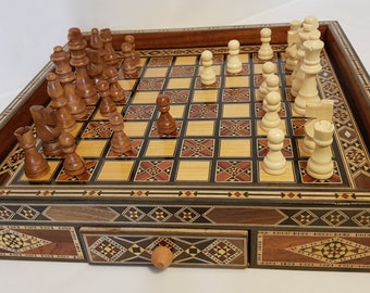 Modern chess game with olive wood storage drawers 8101-1
