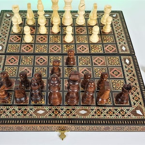 12&#39;&#39; Backgammon Folding board Checkers ,Chess Set. Mosaic inlaid with natural walnut veneer and mother-of-pearl. Family gift. Christmas gift