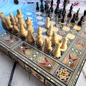 16&quot; Handcrafted Backgammon & Chess Set – Folding Board with Natural Walnut Veneer and Mother-of-Pearl Inlay | Perfect Fall Hostess Gift