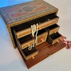 Pearl Inlaid Wooden Jewelry Box with 6 Drawers Storage for Your Precious Gems- Handmade Artisan Crafted Piece. Gift for Her.