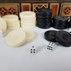 Glossy chess, backgammon, checkers set black & ivory. 30 premium pieces (1.42 in). Handcrafted luxury. Perfect gift for him!