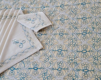 Embroidered Linen Tablecloth with Napkins, Beige Oriental Style, Handmade (95 x 59 inches)