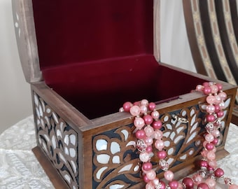 Handcrafted Wooden Jewelry Box with Mother of Pearl Inlay, Locking Keepsake Storage