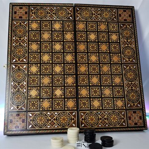 Large Size Backgammon Checkers  Chess Set .Mosaic Inlaid Classic Backgammon  Natural Walnut Veneer as well as mother of Pearl .Family Gift.