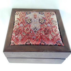 Jewelry wooden box with cover of Red Damask silk brocade, inside  box covered with velvet. Home décor. Gifts for her.