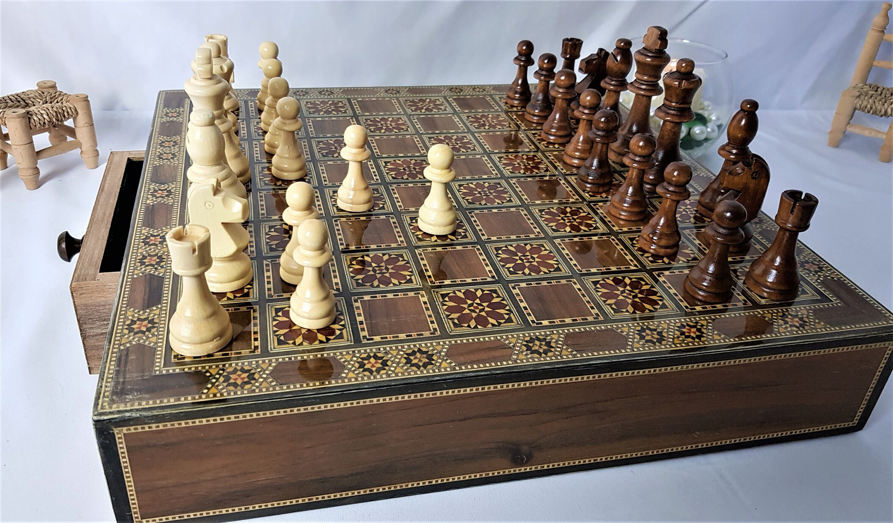 extra queens Luxury handmade chess set-wooden chessmen ROSEWOOD mosaic BLACK 