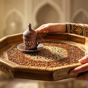 May include: An octagonal wooden serving tray featuring intricate geometric marquetry inlay patterns, holding a small, ornate copper-coloured metal cup with a matching saucer, showcasing detailed embossed floral and scrollwork designs.