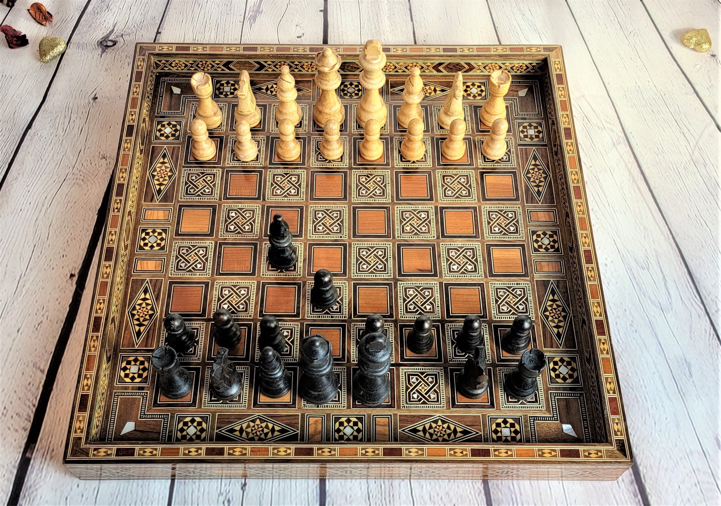 Check mate⁠ ⁠ Vintage Mid Century Ceramic Chess Set on Wood⁠ Dimensions:  Approx. ⁠ Board - 21.25 L x 21.25 W⁠ Pieces - 1.5 D x 3.75-5 H…