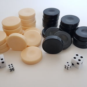 30 Checkers for Playing Board Games. Backgammon Pieces , Set of 30 pieces Ivory and Black .Size approx. 1.3 in = 33 mm. Good quality .