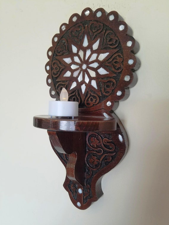 Wood Wall Hanging Oil Lamp Or Candles Mother Of Pearl Arts - Vintage Wood Oil Lamp Holder Wood Wall Hanging Oil Lamp Or Candles Mother Of Pearl Arts - Vintage Wood Oil Lamp Holder