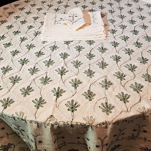 Embroidered Tablecloth, Linen Table Cover with 6 Napkins, Oriental style circle tables with Green ,Cream and Gold silk thread.