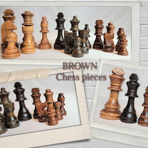 Replacement BROWN Chess pieces ,Spare Wooden chess parts: kings, Queens, Bishops, Rooks, knights, Pawns . Different sizes.