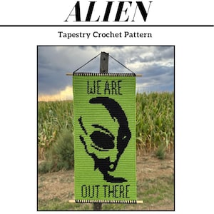 May include: A tapestry crochet pattern named "ALIEN" shows a green banner with a black alien face and the words "WE ARE OUT THERE." The pattern is for beginners, using US crochet terms. The banner is displayed outdoors, with a field in the background.