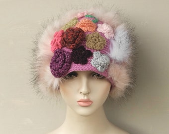 Artsy hat, floral crochet hat, zero waste beanie, hat with faux fur, boho cap, warm winter hat, gift for her, unique head wear, wool hat